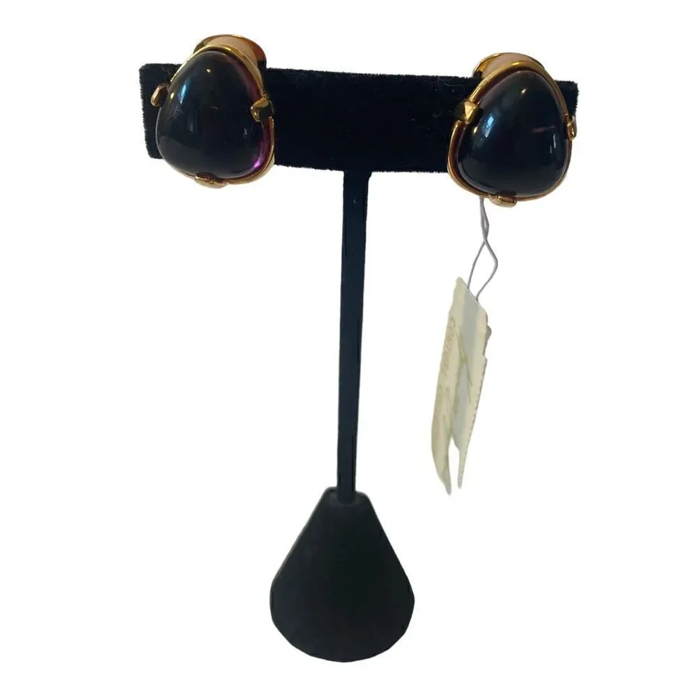 Kenneth Jay Lane Couture Collection Amythest Colored Yellow Gold Clip Earrings - Picture 2 of 7